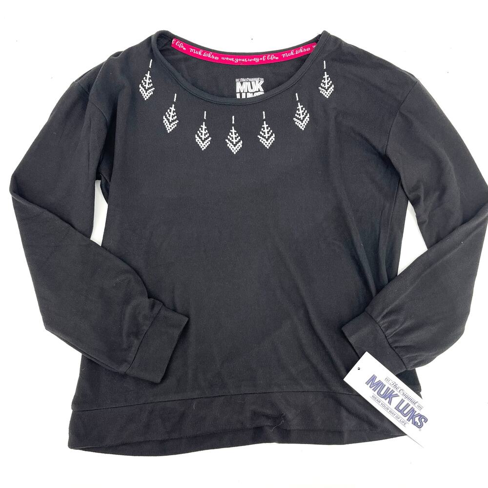 Muk Luks Women's Embroidered black Long Sleeve Round Neck T Shirt (S) NWT